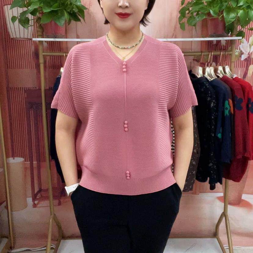 新品休闲通勤纯色三扣V领蝙蝠袖针织衫女新款遮肉显瘦中老年女装