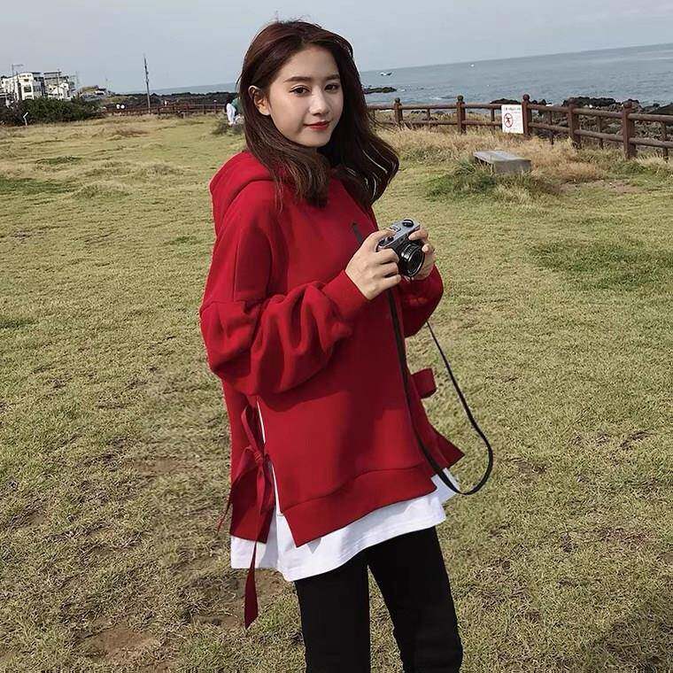 新品红色连帽假两件卫衣女春秋欧货爆款大码慵懒风设计中长款上衣