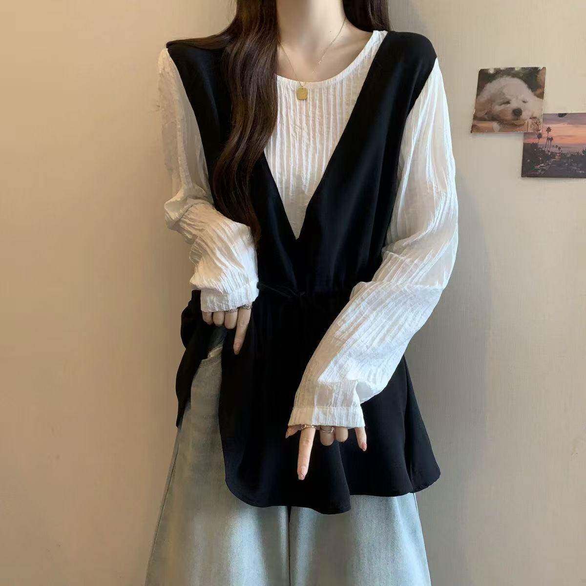 新品减龄洋气衬衫女宽松遮肉慵懒风撞色假两件长袖女装2026年秋季