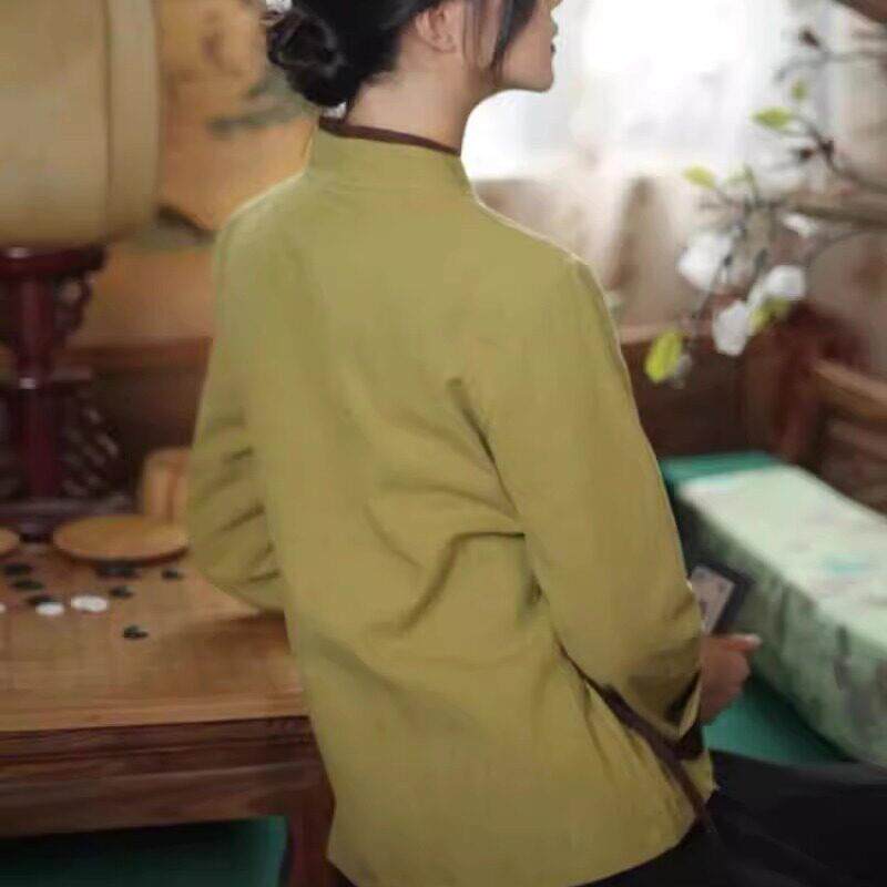 新品中式斜襟系带长袖唐装茶服衫女装春秋款撞色拼接国风汉服棉麻