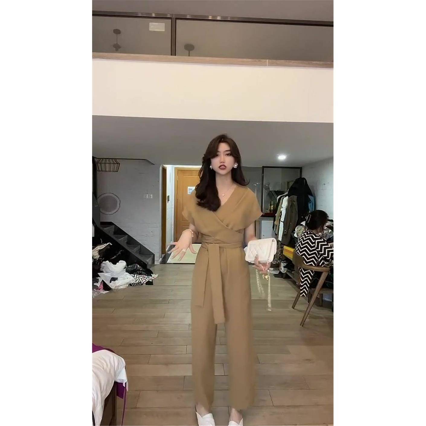 新品网红同款连衣裤女九分裤阔腿裤韩版显瘦短袖上衣裤子连体两件
