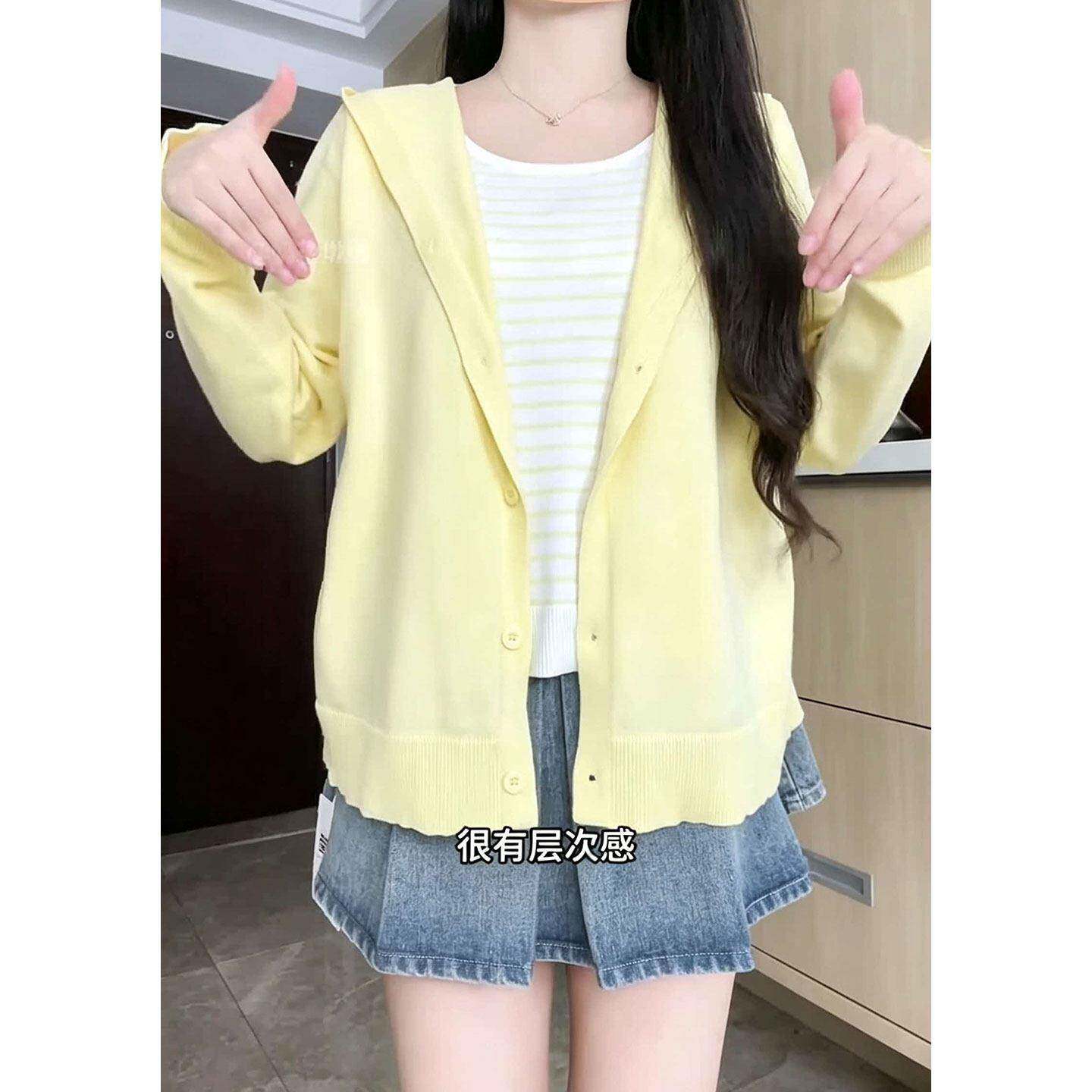 新品大码慵懒风撞色假两件连帽针织衫女秋季胖mm黄色遮肉显瘦百搭