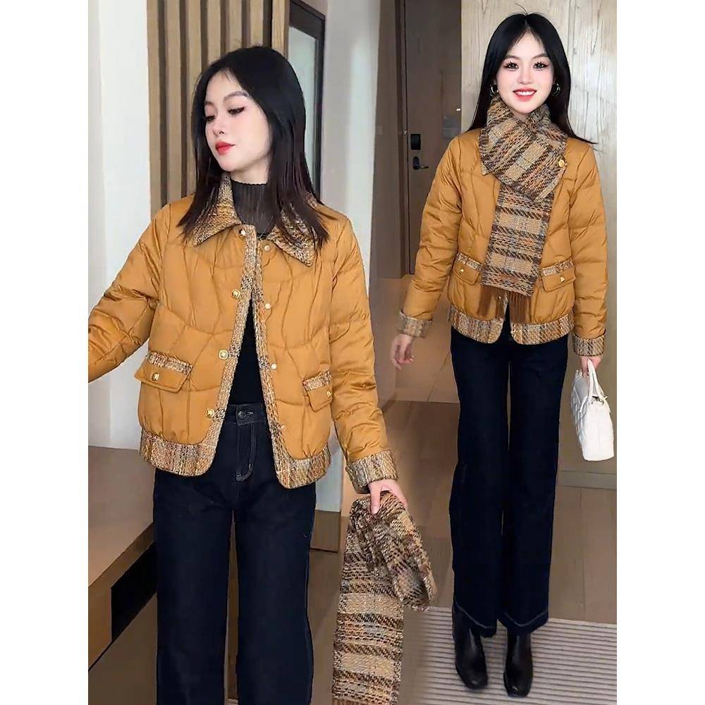 新品小香风羽绒棉服女2026冬季新款时髦洋气短款小个子带围巾棉衣