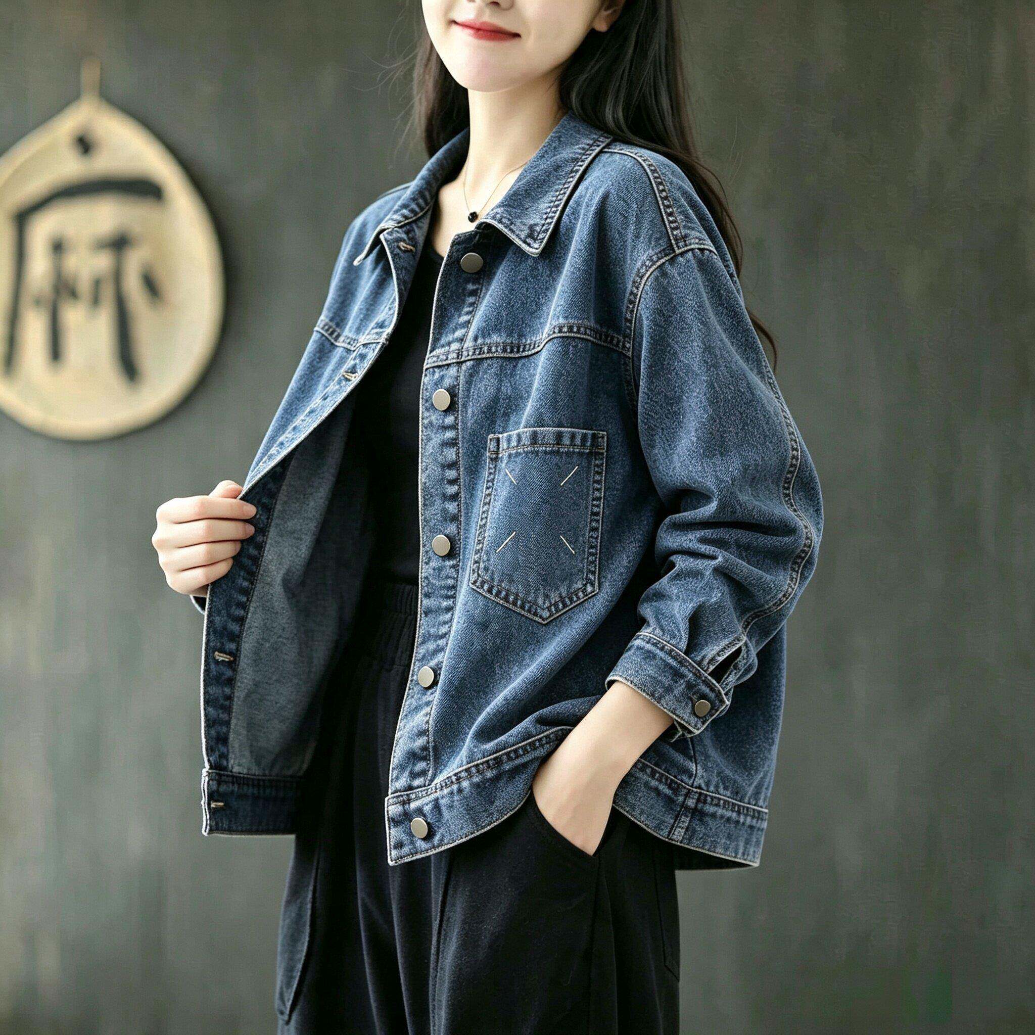 新品港风复古牛仔短外套女春秋宽松显瘦百搭夹克通勤风长袖开衫上
