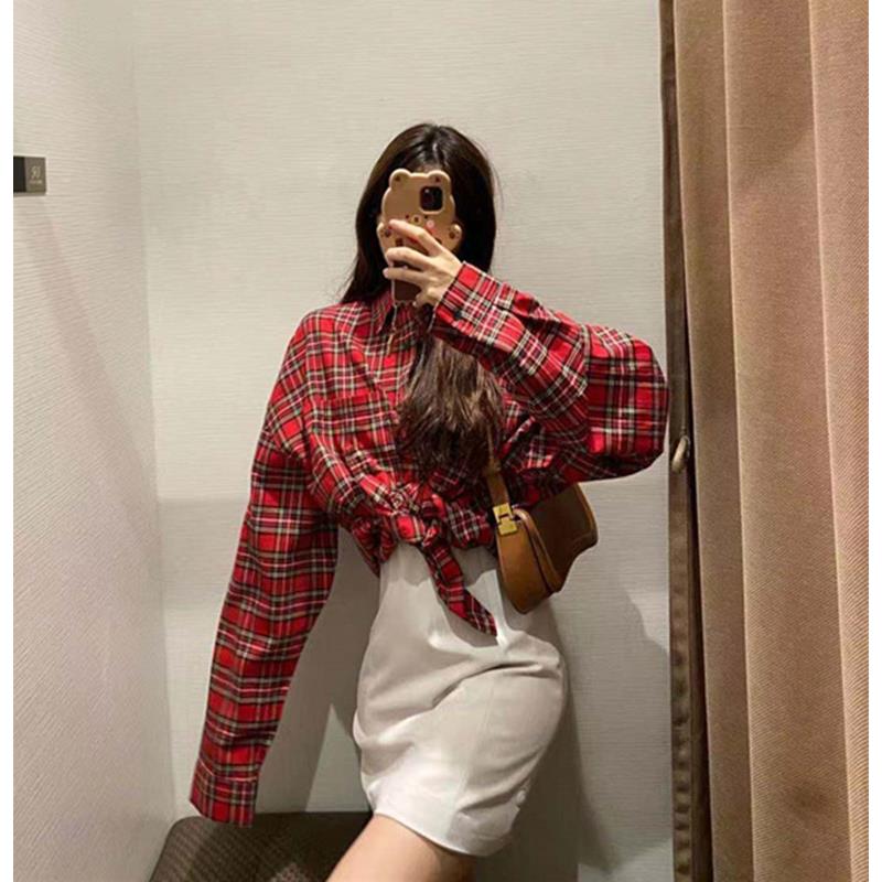 新品经典红色格子衬衫女春秋韩版漂亮复古休闲中长款BF风宽松格纹
