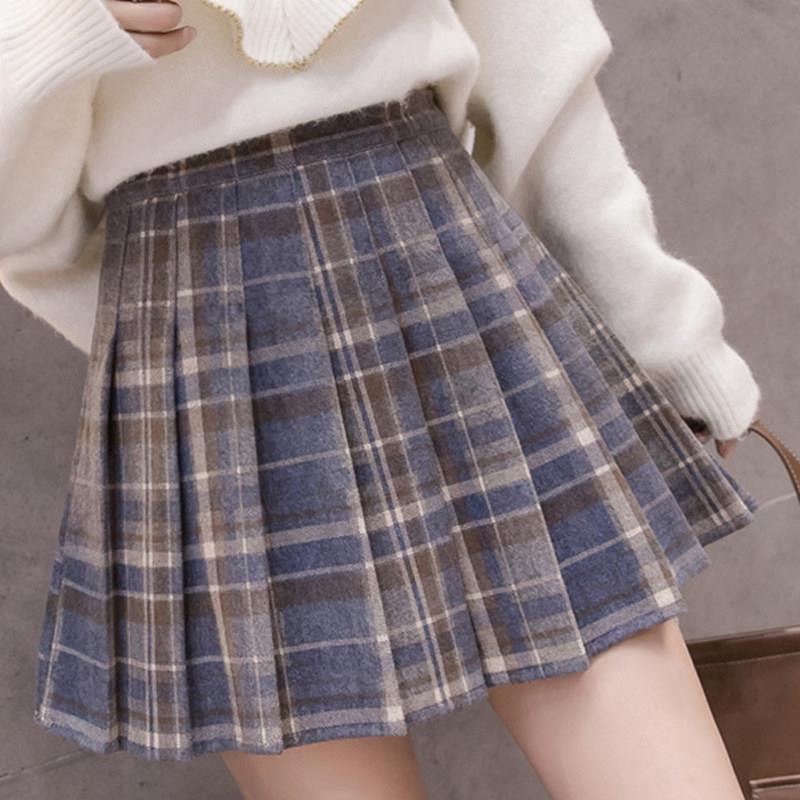新品毛呢格子百褶半身裙女春秋韩版学院风小个子配毛衣高腰a字jk