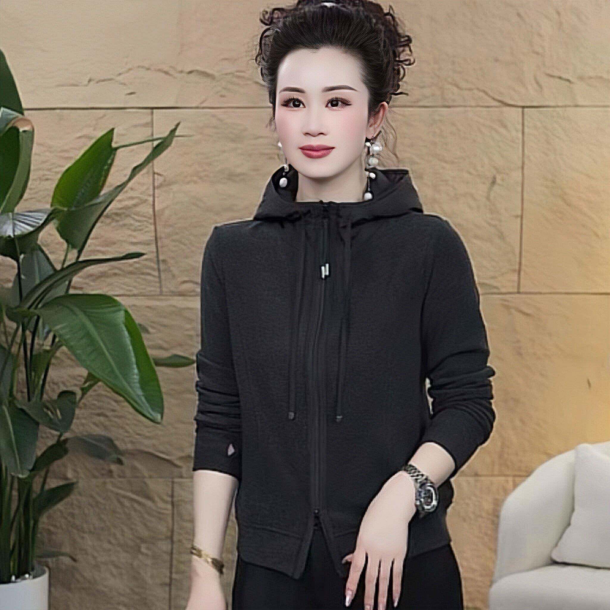 新品中老年女装妈妈卫衣加绒加厚连帽开衫外套休闲洋气保暖奥粒绒