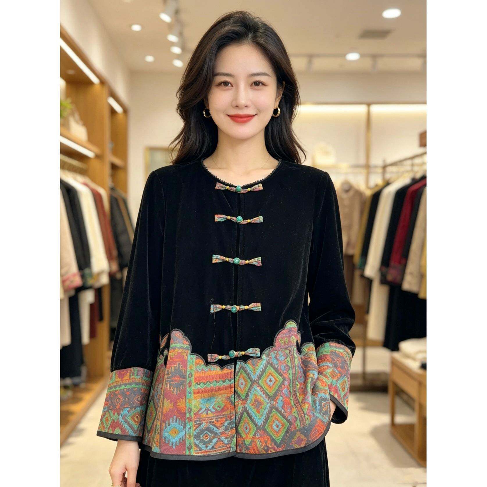 新品2026春季新款时尚百搭洋气女士新中式潮品上衣女黑色丝绒小衫