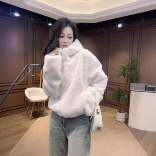 新品心动符号拉链式海宁冬季风雪连帽短款夹克外套女仿水貂毛皮草