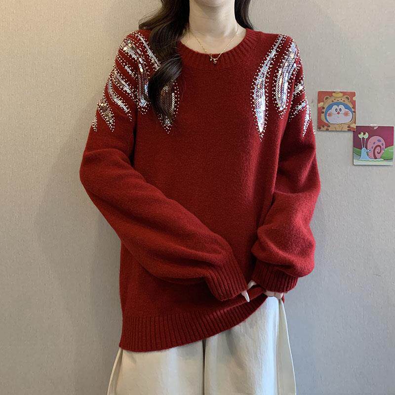 新品大码时尚红色重工钉珠亮片长袖毛衣秋冬季胖MM宽松遮肚子女装