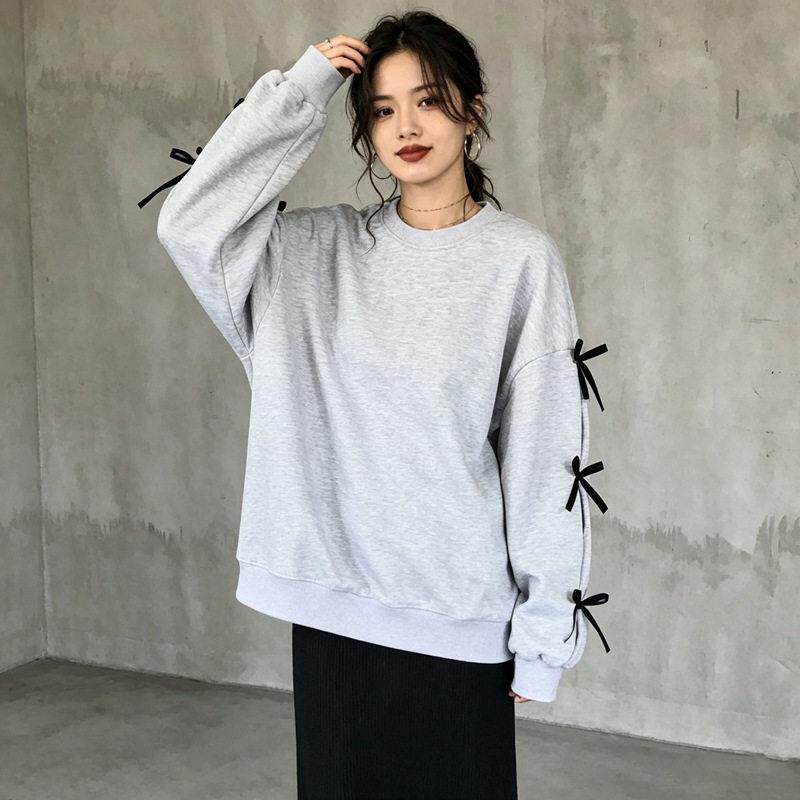 新品灰色圆领卫衣女2026春秋新款蝴蝶结设计感宽松套头无帽短上衣