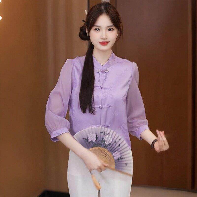 新品新中式国风七分袖衬衫女春秋新款小个子盘扣衬衣洋气立领打底