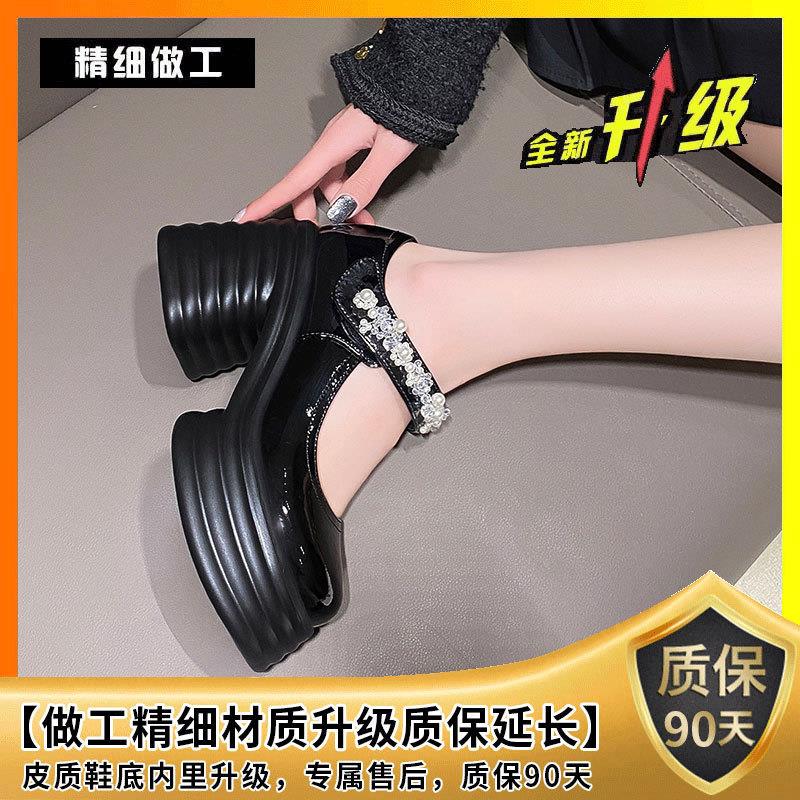 新品白色玛丽珍婚鞋新款法式小皮鞋粗跟婚纱神器松糕厚底珍珠高跟