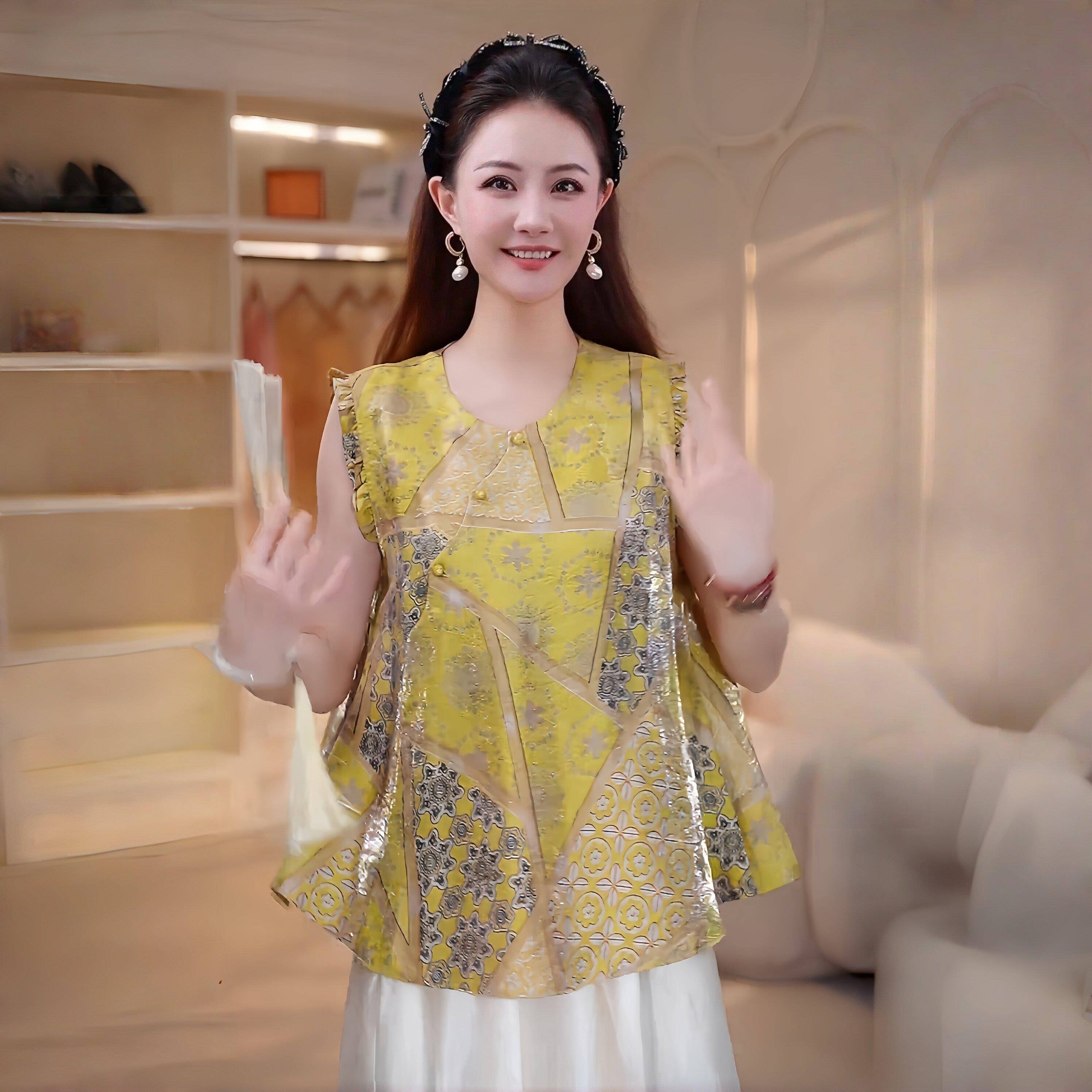 新品绝美印花拼接无袖小衫木耳边拼接荷叶边娃娃衫2026年宽松遮肉
