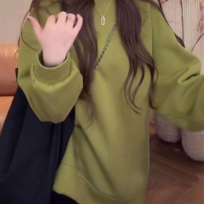新品慵懒风纯色圆领绿色卫