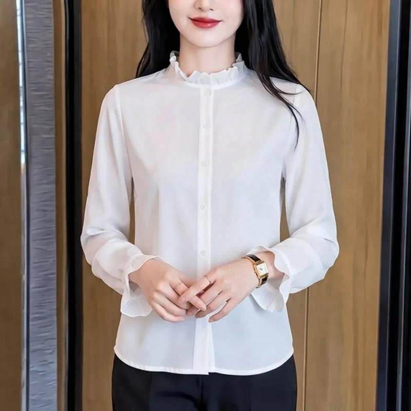 新品白色衬衫女2026早秋季新款木耳边圆领衬衣设计感小众法式气质