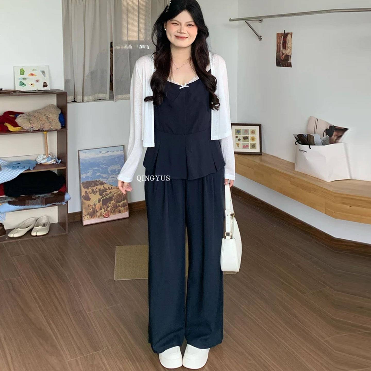 新品大码韩系开衫吊带背心阔腿裤三件套女秋季胖mm显瘦减龄百搭套