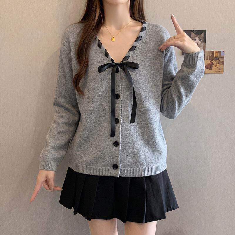 新品大码甜美独特编带蝴蝶结长袖毛衣女秋冬季胖MM宽松遮肉百搭打