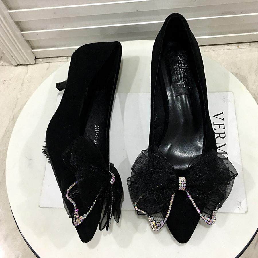 新品晚礼服高跟鞋女秋季闪亮水钻尖头浅口粗跟蝴蝶结单鞋宴会时尚