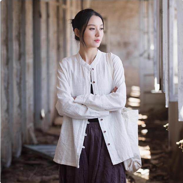 新品文艺风棉麻立领衬衫女长袖宽松开衫新中式禅意佛系薄外套大码