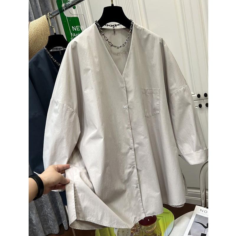 新品大码女装300斤通勤风简约V领衬衫胖mm秋季休闲中长款衬衣外套