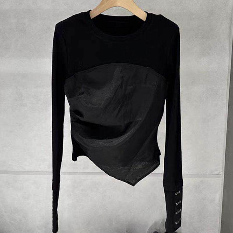 新品2026设计亮面拼接褶皱不规则收腰打底衫简约百搭显瘦长袖T恤