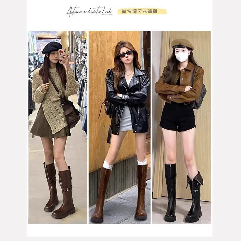 新品美拉德长筒靴子女2026新款爆款秋冬厚底复古棕色骑士机车高筒