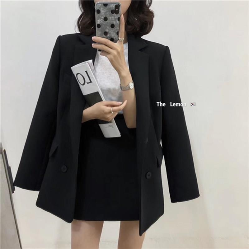 新品时尚米色西装套装短裙女2026春秋新款中长款宽松小西服外套两