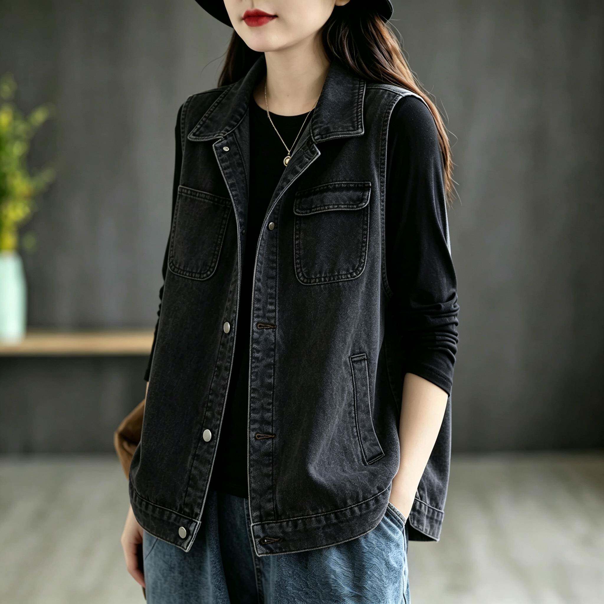 新品春秋百搭休闲牛仔马甲女洋气减龄无袖短外套翻领纽扣坎肩夹克