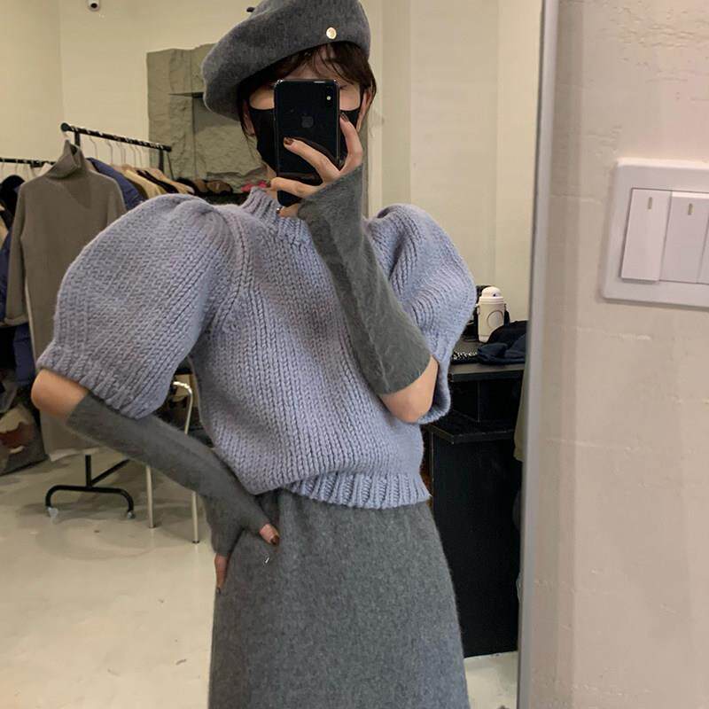 新品短袖毛衣女春秋装深圳欧货爆款小衫时尚泡泡袖针织衫t恤红色