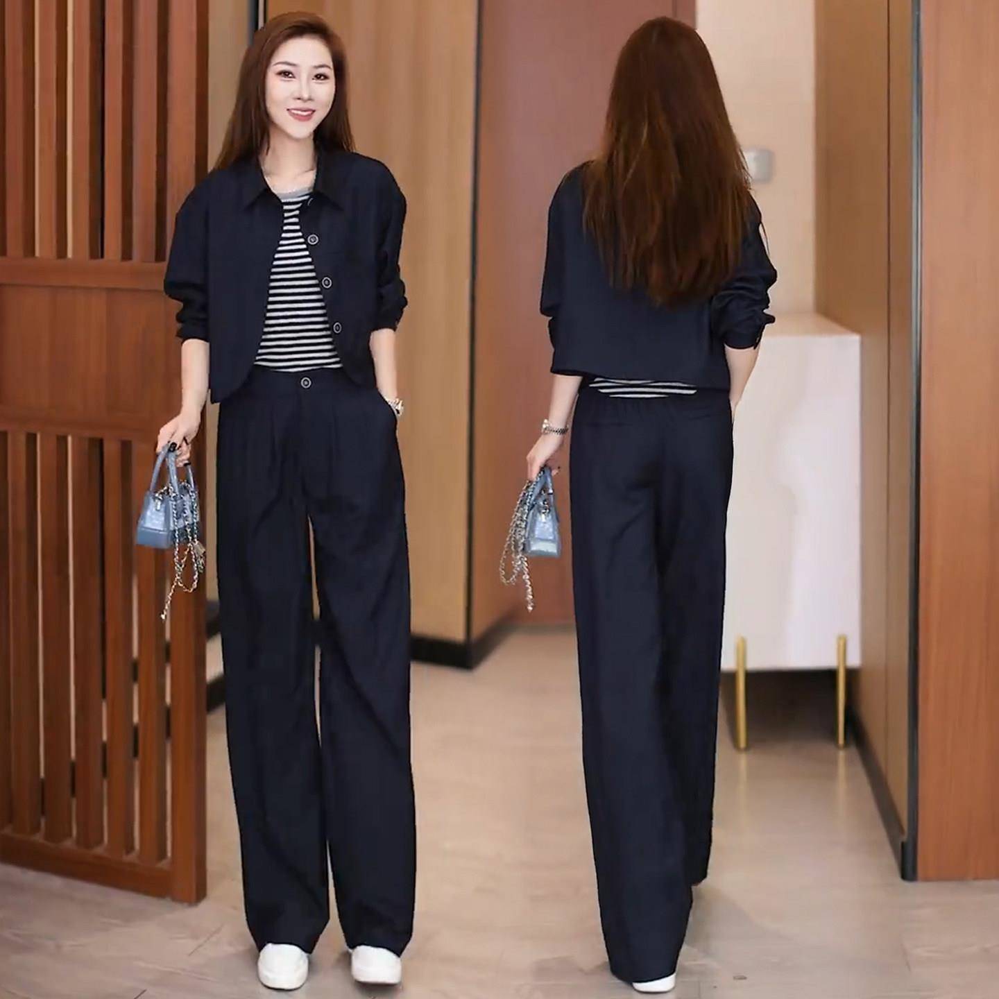 新品时尚套装女2026秋季新款洋气显瘦牛仔外套条纹吊带阔腿裤三件
