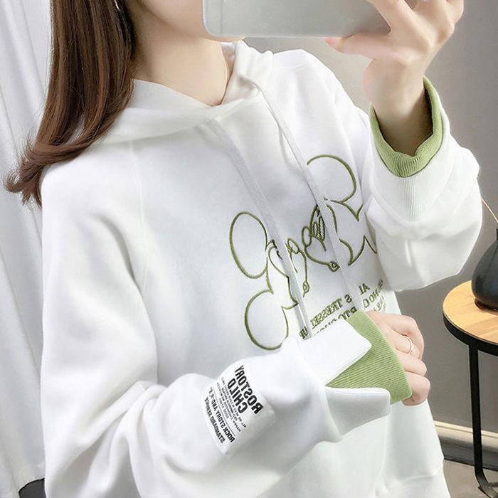 新品秋冬新款加绒加厚连帽卫衣女装大码宽松上衣韩版学生假两件外
