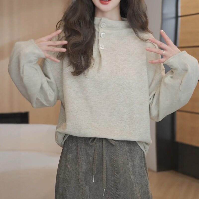 新品时尚洋气立领长袖T恤女2026秋季新款大码胖MM百搭显瘦打底衫