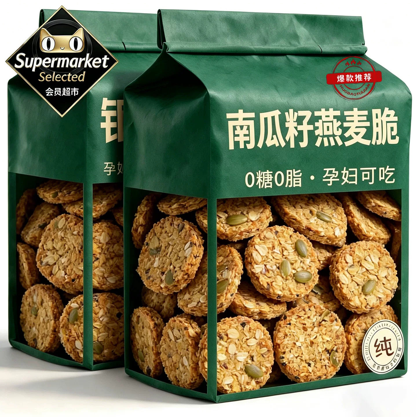 南瓜子燕麦脆片无蔗糖独立包装谷物棒饼干早餐粗粮坚果饼干代餐