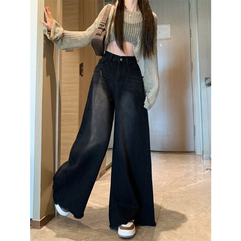 美式复古黑灰色毛边拖地牛仔裤女新款春秋季宽松显瘦大喇叭阔腿裤