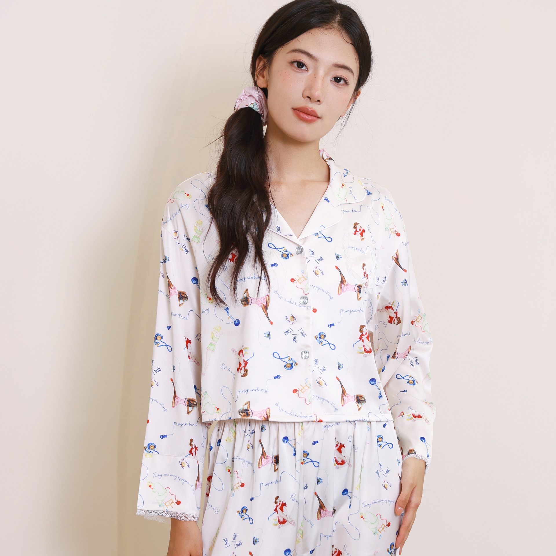 冰丝睡衣女春秋薄款翻领长袖长裤套装甜美印花网红风可外穿家居服