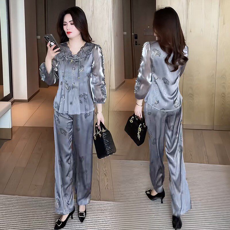 高级感时尚气质套装女2025春y秋新款洋气减龄衬衫阔腿裤显瘦两件