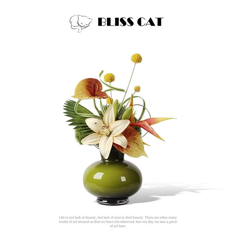 法式中古绿色玻璃k花瓶插花样板房客厅茶几餐桌床头柜花艺花器摆