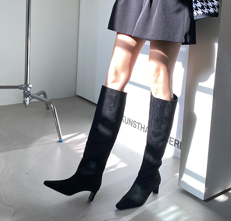 衣玲韩国女鞋欧美简约小众气质显瘦扁粗跟不过P膝高筒靴直筒长靴
