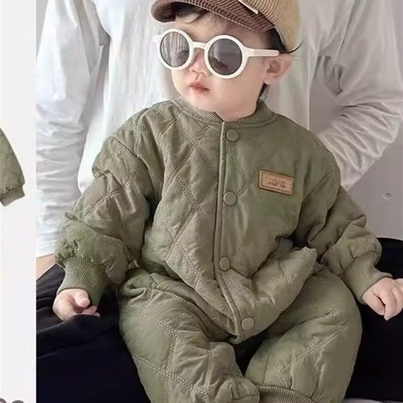 婴儿薄棉连体衣3-l18月春秋冬季夹棉保暖哈衣宝宝百天宴爬服外出