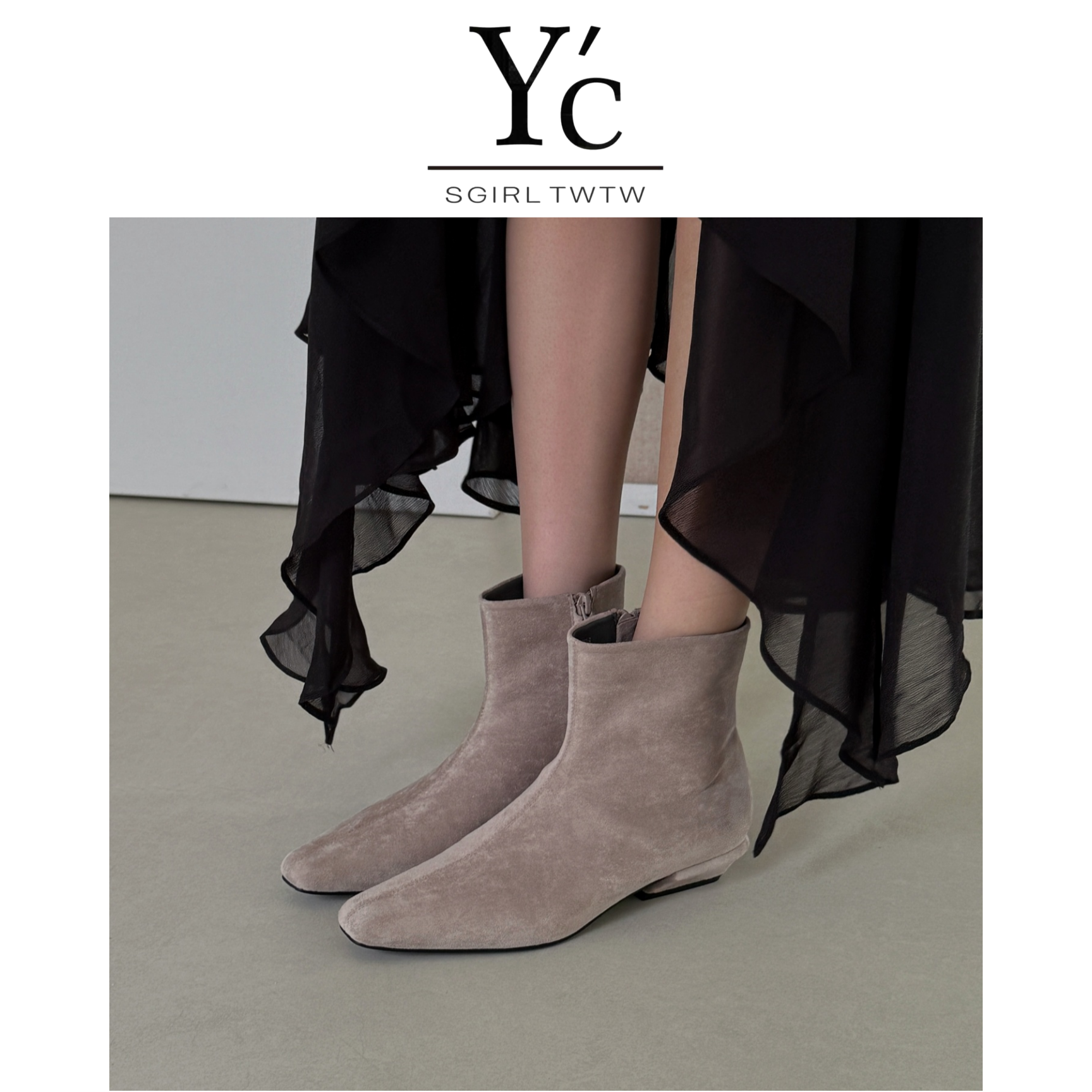 YC正品女鞋2025新款粗跟短筒瘦瘦靴子2025新款法式尖头短靴及裸靴