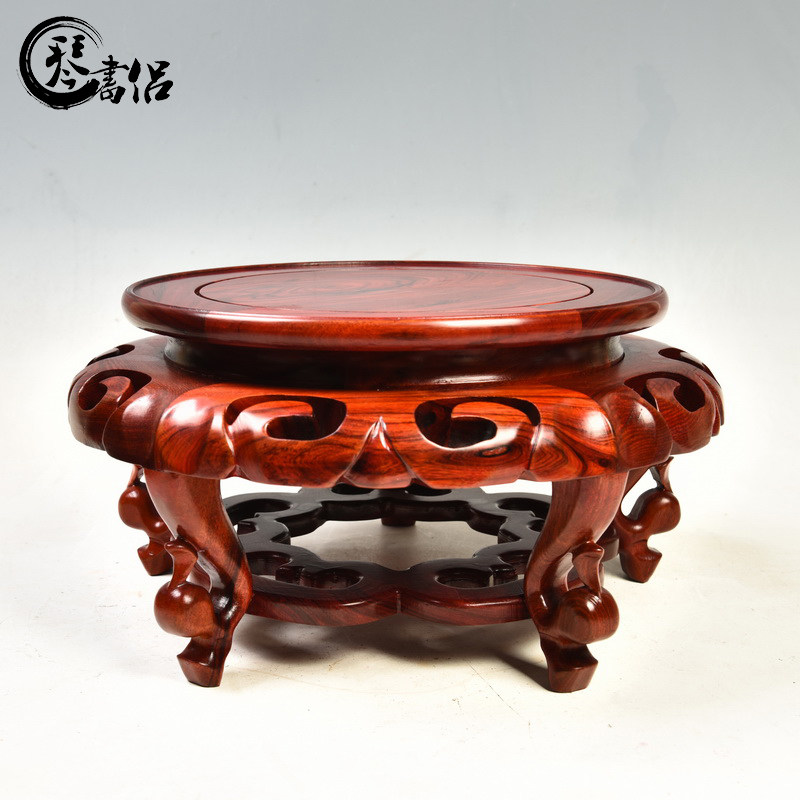 红檀木雕海棠几鱼缸花瓶底座圆形盆景架L实木质底托家居摆件垫高