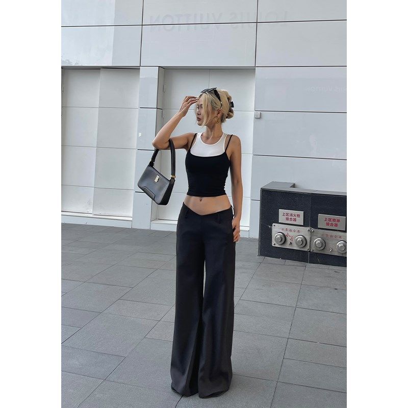 井也 黑色低腰休闲西o裤女夏季新款宽松显瘦直筒拖地垂感阔腿长裤