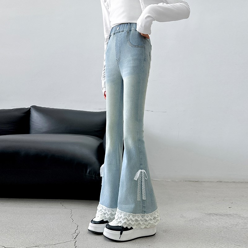 女童微喇叭裤春秋2025新款儿童高腰弹力牛仔裤中大童蕾丝修身裤子