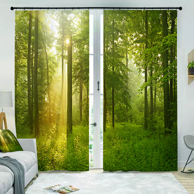 定制个性北欧3D立体风景树林绿树绿色森林卧室客厅窗台短帘窗帘