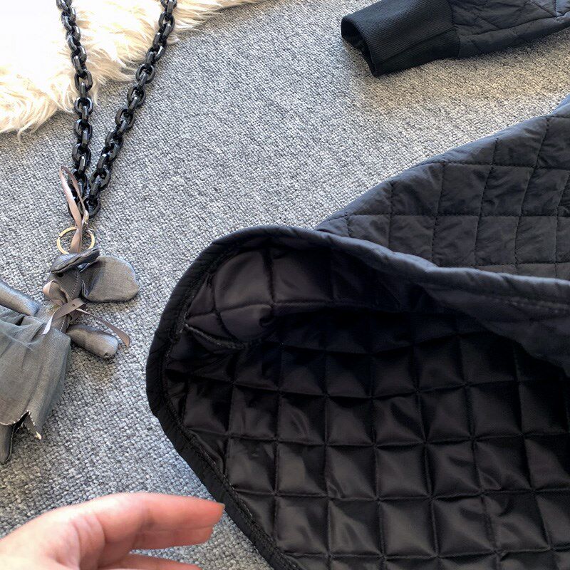 冬季新款女装气质高领过膝长裙卫衣裙菱格棉服加厚宽松黑色连衣裙