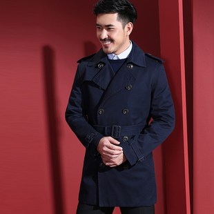 红都男装纯棉风衣中长款双排扣英伦风时尚休闲宽松中年人男士衣服