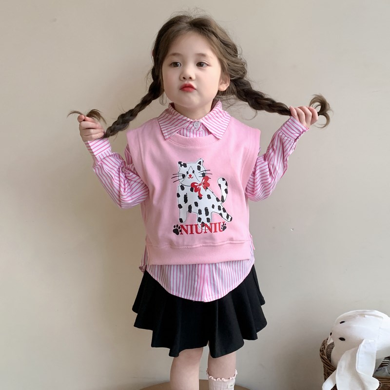 女童春装2025新款洋气时髦童装儿童衣服女孩女宝衬衫马甲套装开春