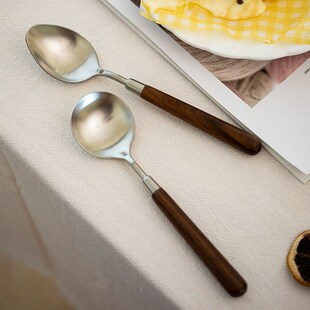 日式 复古胡桃木拉丝304不锈钢西餐勺汤勺家用干饭勺调羹拌饭勺子