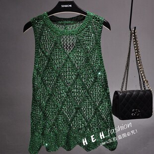 2019夏季新款镂空针织马甲女亮片背心夏宽松外搭配裙子套头上衣女